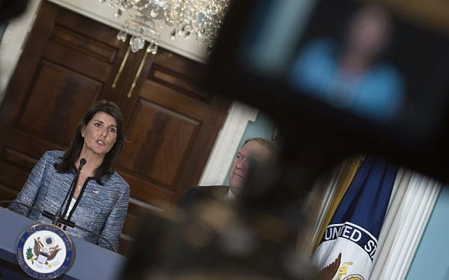 US Ambassador to the United Nation Nikki Haley speaks at the US Department of State in Washington DC on June 19, 2018. (AFP Photo/Andrew Caballero-Reynolds) US Ambassador to the United Nation Nikki Haley speaks at the US Department of State in Washington DC on June 19, 2018. (AFP Photo/Andrew Caballero-Reynolds)