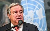 UN Secretary-General Antonio Guterres speaks during a press conference after his meeting with Russian Foreign Minister Sergei Lavrov in Moscow, on June 21, 2018. (AFP Photo/Yuri Kadobnov)