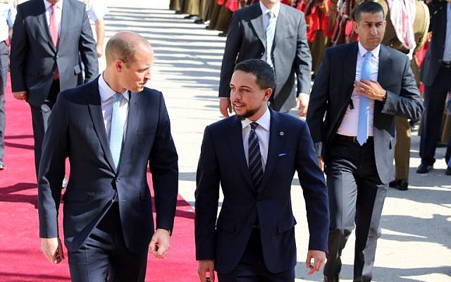 Prince William (L) is greeted at Amman's Marka military airport by Crown Prince Hussein bin Abdullah on June 24, 2018.
Prince William arrived in Jordan. (AFP Photo/Khalil Mazraawi) Prince William (L) is greeted at Amman's Marka military airport by Crown Prince Hussein bin Abdullah on June 24, 2018.
Prince William arrived in Jordan. (AFP Photo/Khalil Mazraawi)