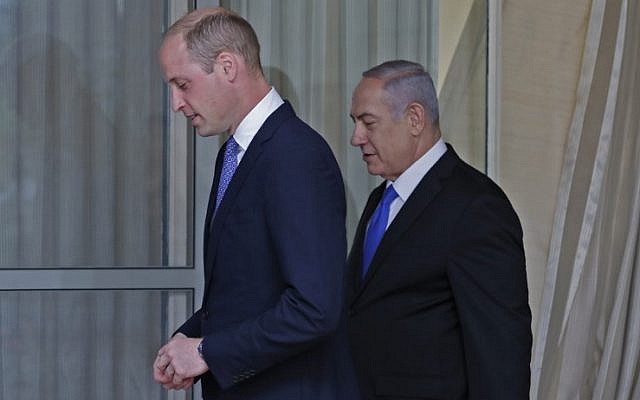 Britain's Prince William meets with Israeli Prime Minister Benjamin Netanyahu on June 26, 2018 in Jerusalem. (AFP/ POOL/ Thomas COEX) Britain's Prince William meets with Israeli Prime Minister Benjamin Netanyahu on June 26, 2018 in Jerusalem. (AFP/ POOL/ Thomas COEX)
