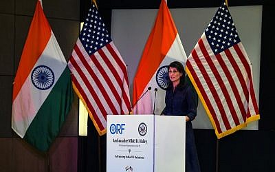 US Ambassador to the United Nations Nikki Haley speaks during an address on advancing India-US relations at an event in New Delhi on June 28, 2018. (AFP PHOTO / CHANDAN KHANNA)