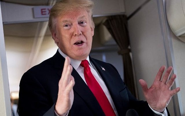 US President Donald Trump speaks to the press aboard Air Force One in flight as he travels from Joint Base Andrews in Maryland, to Bedminster, New Jersey, June 29, 2018. (AFP PHOTO / SAUL LOEB) US President Donald Trump speaks to the press aboard Air Force One in flight as he travels from Joint Base Andrews in Maryland, to Bedminster, New Jersey, June 29, 2018. (AFP PHOTO / SAUL LOEB)