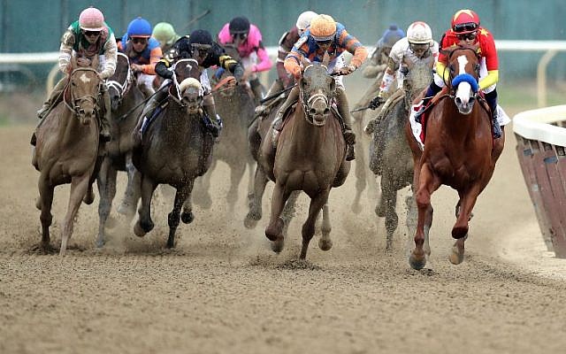 Justify #1, right, ridden by jockey Mike Smith leads the field around the 4th turn during the 150th running of the Belmont Stakes at Belmont Park in Elmont, New York, on June 9, 2018. (Jim McIsaac/Getty Images/AFP) Justify #1, right, ridden by jockey Mike Smith leads the field around the 4th turn during the 150th running of the Belmont Stakes at Belmont Park in Elmont, New York, on June 9, 2018. (Jim McIsaac/Getty Images/AFP)