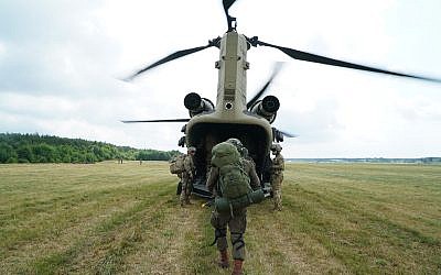 Israeli paratroopers board a helicopter as part of the US-led Swift Response exercise in Europe in June 2018. (Israel Defense Forces)