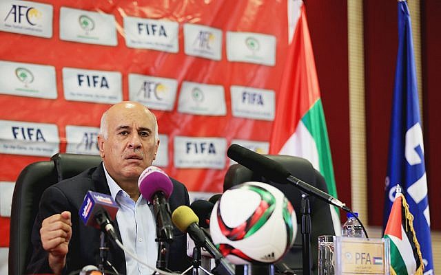 Palestinian Football Federation President Jibril Rajoub addresses journalists at a press conference in the West Bank on June 9, 2015 (Mohamed Farraj / Wafa) Palestinian Football Federation President Jibril Rajoub addresses journalists at a press conference in the West Bank on June 9, 2015 (Mohamed Farraj / Wafa)