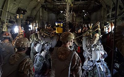 Israeli paratroopers prepare for a jump as part in the US-led Swift Response exercise in Europe in June 2018. (Israel Defense Forces)