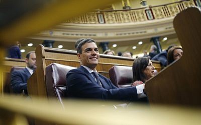 Spain's socialist opposition leader Pedro Sanchez sits at the start of the second day of a motion of no-confidence session at the Spanish parliament in Madrid on June 1, 2018. (AP Photo/Francisco Seco)