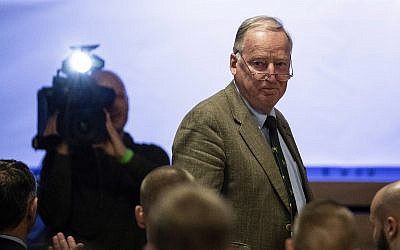 Alexander Gauland, co-faction leader of the Alternative for Germany, AfD at the federal parliament Bundestag, attends a congress of the party's youth organization 'Young Alternative,' at Seebach, Germany on June 2, 2018. (Alexander Prautzsch/dpa via AP)