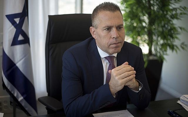 Public Security Minister Gilad Erdan speaks during an interview with The Associated Press, in his office in Bnei Brak, Israel, October 26, 2017. (Ariel Schalit/AP) Public Security Minister Gilad Erdan speaks during an interview with The Associated Press, in his office in Bnei Brak, Israel, October 26, 2017. (Ariel Schalit/AP)