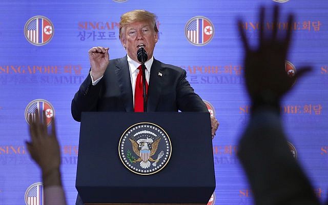 US President Donald Trump answers questions about the summit with North Korean leader Kim Jong Un during a press conference at the Capella resort on Sentosa Island, Singapore, on June 12, 2018. (AP Photo/Evan Vucci) US President Donald Trump answers questions about the summit with North Korean leader Kim Jong Un during a press conference at the Capella resort on Sentosa Island, Singapore, on June 12, 2018. (AP Photo/Evan Vucci)