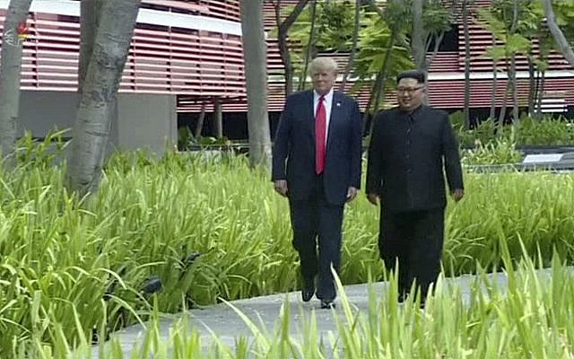 In this image made from video released by KRT on June 14, 2018, North Korean leader Kim Jong Un, right, walks with US President Donald Trump during their summit in Singapore, June 12, 2018. (KRT via AP Video) In this image made from video released by KRT on June 14, 2018, North Korean leader Kim Jong Un, right, walks with US President Donald Trump during their summit in Singapore, June 12, 2018. (KRT via AP Video)