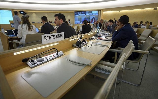 The US nameplate is photographed one day after the United States announced its withdrawal at the 38th session of the UN Human Rights Council at the UN headquarters in Geneva on June 20, 2018. (Martial Trezzini/Keystone via AP) The US nameplate is photographed one day after the United States announced its withdrawal at the 38th session of the UN Human Rights Council at the UN headquarters in Geneva on June 20, 2018. (Martial Trezzini/Keystone via AP)