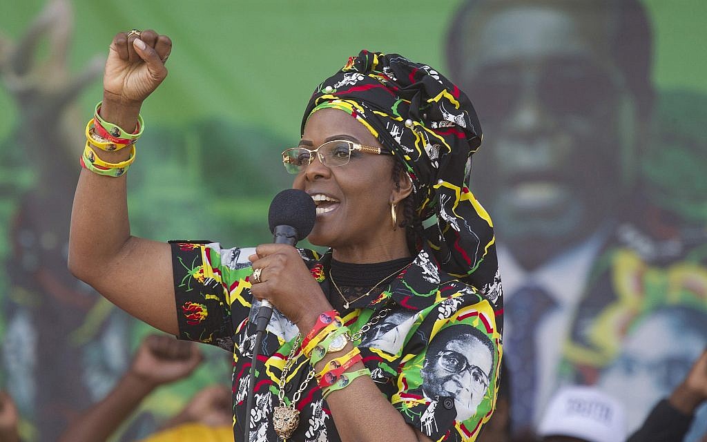 In this July 29, 2017 file photo, Zimbabwe's first lady Grace Mugabe greets party supporters at a rally in Chinhoyi, Zimbabwe. (AP Photo/Tsvangirayi Mukwazhi, File)