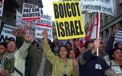 A crowd protests against Israel during a demonstration by an estimated 10,000 people in Madrid, Spain, Monday April 15, 2002 (AP/Denis Doyle) A crowd protests against Israel during a demonstration by an estimated 10,000 people in Madrid, Spain, Monday April 15, 2002 (AP/Denis Doyle)