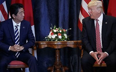 US President Donald Trump meets with Japanese Prime Minister Shinzo Abe during the G7 Summit, May 26, 2017, in Taormina, Italy. (AP Photo/Evan Vucci)