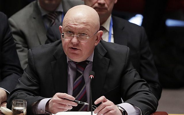 Russian Ambassador to the United Nations Vasily Nebenzya talks before a vote during a Security Council meeting, Tuesday, April 10, 2018, at United Nations headquarters. (AP Photo/Julie Jacobson) Russian Ambassador to the United Nations Vasily Nebenzya talks before a vote during a Security Council meeting, Tuesday, April 10, 2018, at United Nations headquarters. (AP Photo/Julie Jacobson)