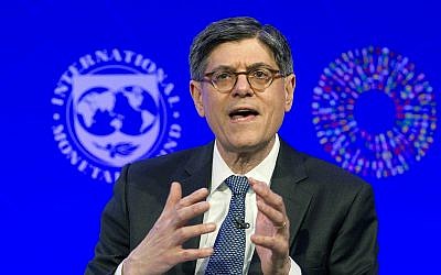 Former US treasury secretary Jack Lew speaks at the panel "Reforming the Euro Area: Views from inside and outside of Europe," during the World Bank/IMF Spring Meetings, in Washington, April 19, 2018. ( AP Photo/Jose Luis Magana)
