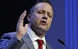 Republican primary senatorial candidate Corey Stewart gestures during a debate with E. W. Jackson and Del. Nick Freitas at Liberty University in Lynchburg, Virginia, April 19, 2018. (AP Photo/Steve Helber)