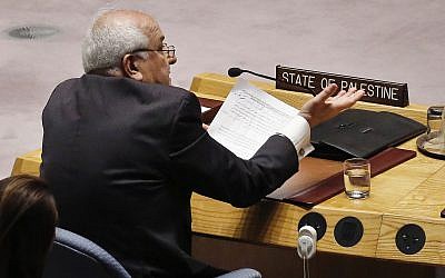Palestinian Ambassador to the United Nations Riyad Mansour addresses the United Nations Security Council, Tuesday May 15, 2018 at UN headquarters. (AP Photo/Bebeto Matthews)