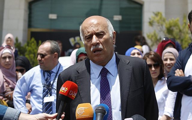 Head of the Palestinian Football Association Jibril Rajoub speaks during a press conference in front of Argentinian representative office in the West Bank city of Ramallah, June 3, 2018. (AP Photo/Nasser Shiyoukhi) Head of the Palestinian Football Association Jibril Rajoub speaks during a press conference in front of Argentinian representative office in the West Bank city of Ramallah, June 3, 2018. (AP Photo/Nasser Shiyoukhi)