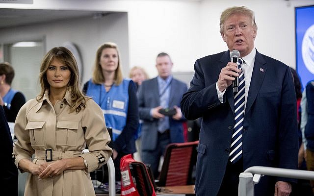 US President Donald Trump, right, accompanied by first lady Melania Trump, left, speaks to employees at the Federal Emergency Management Agency Headquarters, Wednesday, June 6, 2018, in Washington. (AP Photo/Andrew Harnik) US President Donald Trump, right, accompanied by first lady Melania Trump, left, speaks to employees at the Federal Emergency Management Agency Headquarters, Wednesday, June 6, 2018, in Washington. (AP Photo/Andrew Harnik)