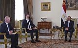 Egyptian President Abdel-Fattah el-Sissi, center, meets with US President Donald Trump's son-in-law and senior adviser Jared Kushner, second left, and Mideast envoy Jason Greenblatt on the latest stop in a regional tour to discuss a blueprint for an Israeli-Palestinian peace deal, in Cairo, Egypt, on June 21, 2018. (MENA via AP)
