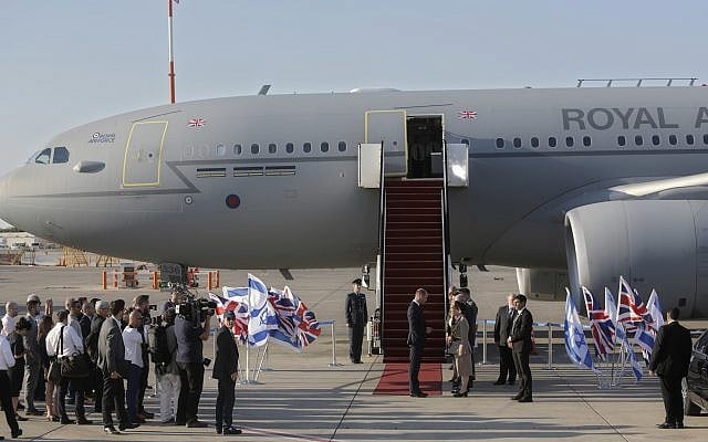 Britain's Prince William arrives on a Royal Air Force plane at Ben Gurion airport outside Tel Aviv, Israel on June 25, 2018. (AP Photo/Sebastian Scheiner) Britain's Prince William arrives on a Royal Air Force plane at Ben Gurion airport outside Tel Aviv, Israel on June 25, 2018. (AP Photo/Sebastian Scheiner)