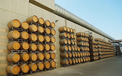 Wine barrels piled up at the Barkan winery. August 2, 2012. (Mendy Hechtman/FLASH90)