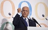Saeb Erekat speaking at the Haaretz and New Israel Fund conference at the Roosevelt Hotel in New York on December 13, 2015. (Amir Levy/Flash90)