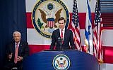 Senior Adviser to the US President Jared Kushner (r) speaks as US Ambassador to Israel David Friedman looks on at the official opening ceremony of the US Embassy in Jerusalem, May 14, 2018. (Yonatan Sindel/Flash90)