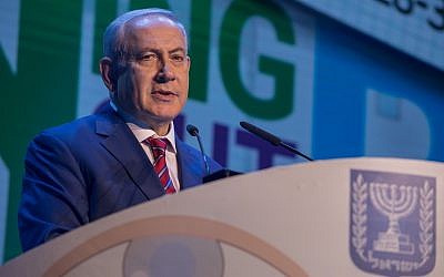 Prime Minister Benjamin Netanyahu speaks during a conference with science ministers from around the world in Jerusalem on May 28, 2018. (Yonatan Sindel/Flash90)