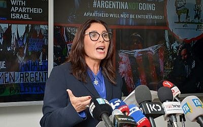 Culture and Sport Minister Miri Regev speaks at a press at the ministry offices in Tel Aviv, on June 6, 2018. (Yossi Zeliger/Flash90)