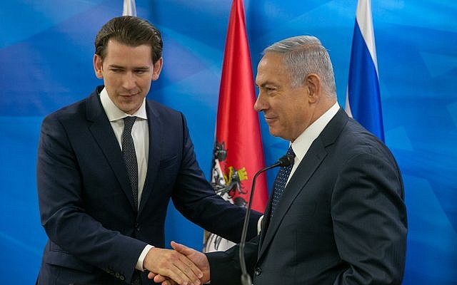 Prime Minister Benjamin Netanyahu, right, with Chancellor of Austria Sebastian Kurz at the Prime Minister's Office in Jerusalem, June 11, 2018. (Ohad Zwigenberg/Pool) Prime Minister Benjamin Netanyahu, right, with Chancellor of Austria Sebastian Kurz at the Prime Minister's Office in Jerusalem, June 11, 2018. (Ohad Zwigenberg/Pool)
