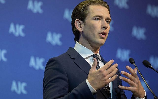 Chancellor of Austria Sebastian Kurz at the AJC Global Forum in Jerusalem, June 11, 2018. (Yonatan Sindel/Flash90) Chancellor of Austria Sebastian Kurz at the AJC Global Forum in Jerusalem, June 11, 2018. (Yonatan Sindel/Flash90)