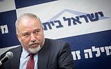 Defense Minister Avigdor Liberman leads a faction meeting of his Yisrael Beytenu party at the Knesset on June 18, 2018. (Miriam Alster/Flash90)
