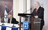 Prime Minister Benjamin Netanyahu at a press conference at the Defense Ministry in Tel Aviv on June 27, 2018, to discuss Poland's amended Holocaust Law. (Tomer Neuberg/Flash90)