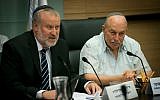 Nissan Slomiansky, Head of the Constitution, Law, and Justice, Committee (r) and Attorney-General Avichai Mandelblit attend a committee meeting in the Knesset on June 25, 2018. (Yonatan Sindel/Flash90)