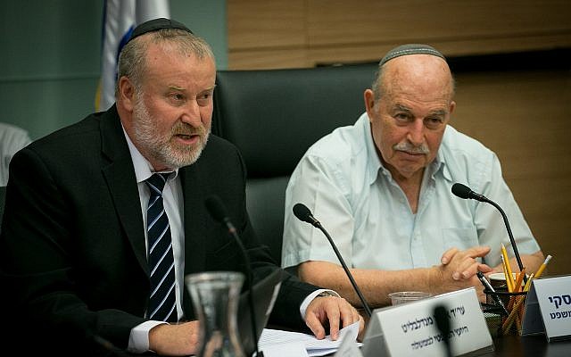 Nissan Slomiansky, Head of the Constitution, Law, and Justice, Committee (r) and Attorney-General Avichai Mandelblit attend a committee meeting in the Knesset on June 25, 2018. (Yonatan Sindel/Flash90) Nissan Slomiansky, Head of the Constitution, Law, and Justice, Committee (r) and Attorney-General Avichai Mandelblit attend a committee meeting in the Knesset on June 25, 2018. (Yonatan Sindel/Flash90)