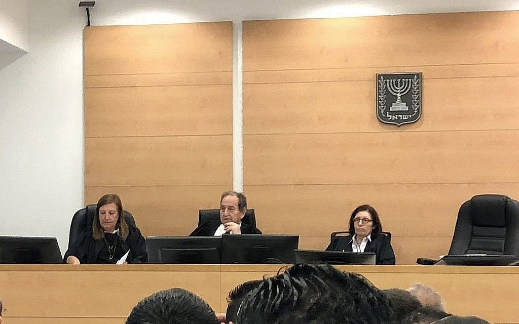 Judges at the Central District Court in Petah Tikva during a hearing on June 19, 2018. (Jacob Magid/Times of Israel)