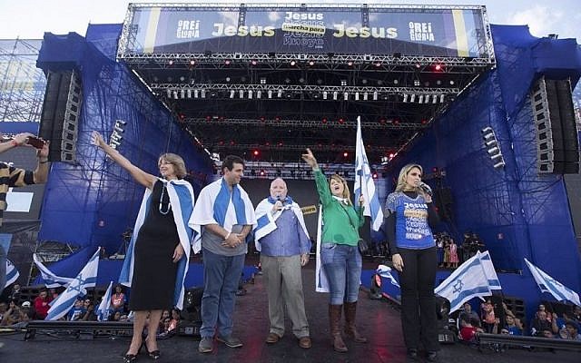 Illustrative: Israel’s consul Dori Goren, center, joins Evangelical Christians, who waved Israeli flags and prayed for the Jewish state during the March for Jesus on May 31, 2018, in Sao Paulo. (Courtesy/Israel’s consulate in Sao Paulo) Illustrative: Israel’s consul Dori Goren, center, joins Evangelical Christians, who waved Israeli flags and prayed for the Jewish state during the March for Jesus on May 31, 2018, in Sao Paulo. (Courtesy/Israel’s consulate in Sao Paulo)