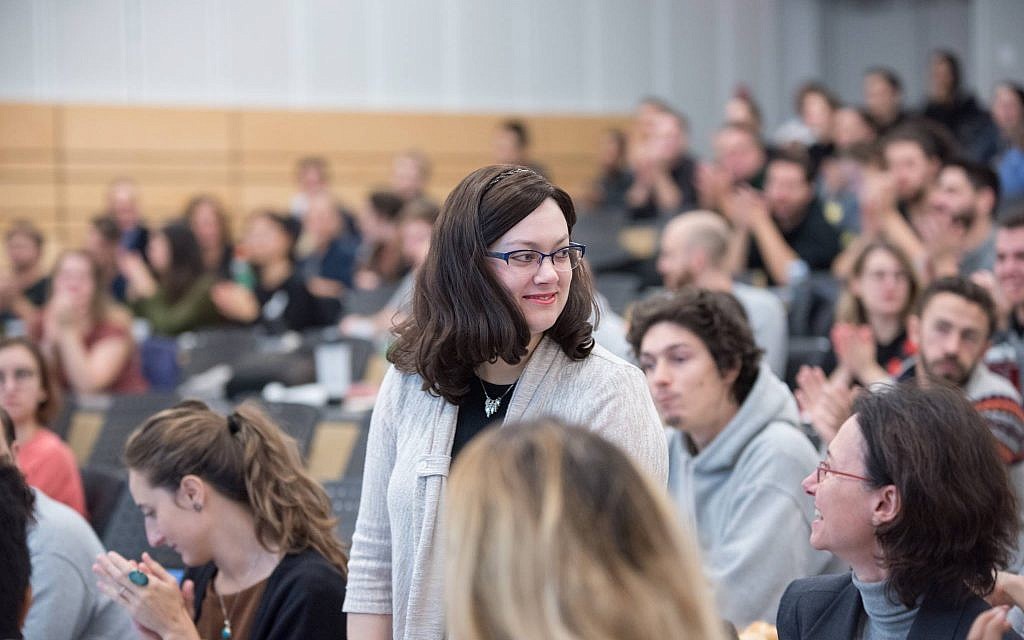 Mindy Pollak at a university where then-Montreal mayoral candidate Valerie Plante was speaking, autumn of 2017. (Courtesy)