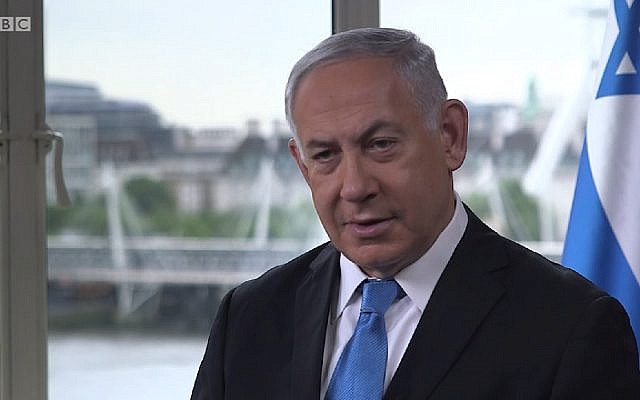 Screen capture from video of an interview given by Prime Minister Benjamin Netanyahu to the BBC in London, and broadcast June 7, 2018. (BBC) Screen capture from video of an interview given by Prime Minister Benjamin Netanyahu to the BBC in London, and broadcast June 7, 2018. (BBC)