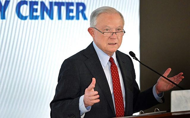 Jeff Sessions speaking at the annual Orthodox Union Washington conference, June 13, 2018. (OU via JTA) Jeff Sessions speaking at the annual Orthodox Union Washington conference, June 13, 2018. (OU via JTA)