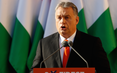 Hungarian Prime Minister Viktor Orban speaks at a campaign really in Szekesfehervar, Hungary, on April 6, 2018. (Laszlo Balogh/Getty Images/via JTA)