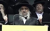 Satmar Rabbi Aaron Teitelbaum gives a speech to thousands of his followers at Nassau Coliseum in Long Island, New York, on June 3, 2018. (Screen capture: YouTube)