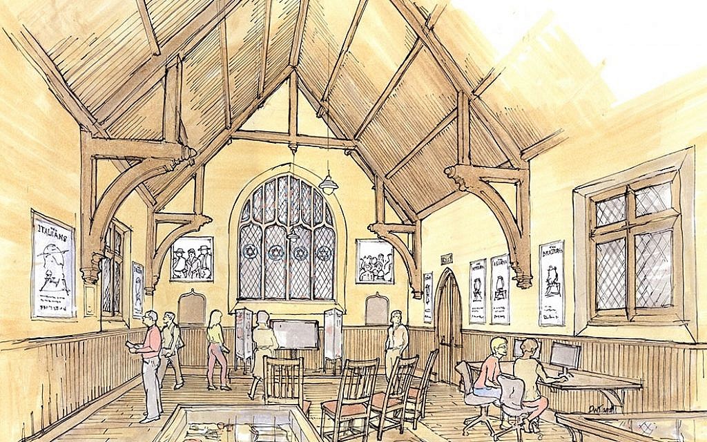 Rendering of the East Boston Immigration Center, currently under construction in the burial chapel of Ohabei Shalom Cemetery in East Boston, Massachusetts (Jewish Cemetery Association of Massachusetts)