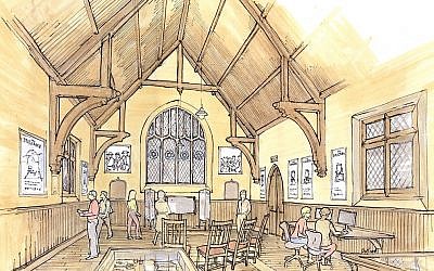 Rendering of the East Boston Immigration Center, currently under construction in the burial chapel of Ohabei Shalom Cemetery in East Boston, Massachusetts (Jewish Cemetery Association of Massachusetts)