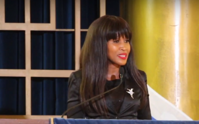 Mpho Phalatse, a councilor in the city of Johannesburg, South Africa, speaks at a Temple Israel Heritage Center gala event on May 9, 2018. (Screen capture: YouTube)