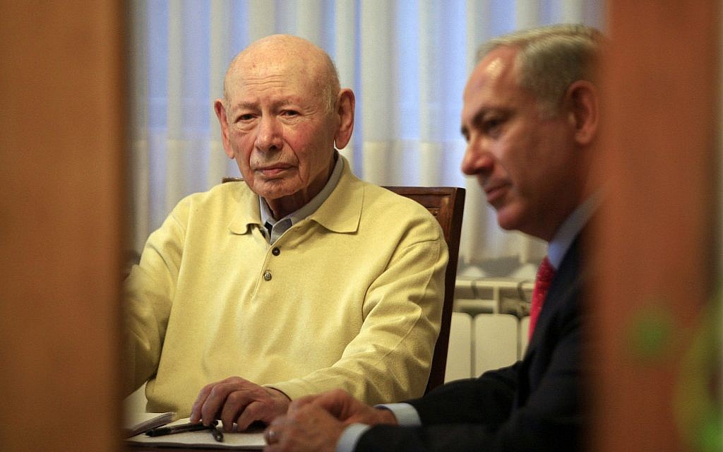 Benjamin Netanyahu (R) with his father Benzion Netanyahu, in Benzion's house in Jerusalem, February 5, 2009. (Nati Shohat/ Flash90) Benjamin Netanyahu (R) with his father Benzion Netanyahu, in Benzion's house in Jerusalem, February 5, 2009. (Nati Shohat/ Flash90)