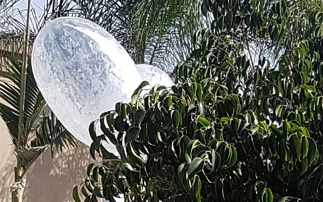 Two balloons flown by Palestinians in Gaza carrying an explosive device land on the roof of an Israeli home near the border, on June 17.. 2018. (Israel Police) Two balloons flown by Palestinians in Gaza carrying an explosive device land on the roof of an Israeli home near the border, on June 17.. 2018. (Israel Police)